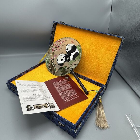 Vtg Chinese Silk Shu Embroidery Wood Lacquer Stand Dbl Sided Pandas Cherry Tree - Picture 3 of 13